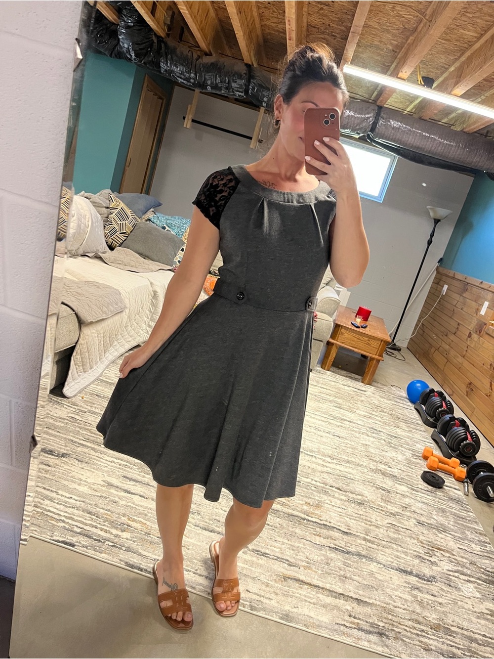 Maurices Charcoal Gray Fit-and-Flare Dress with Black Lace Cap Sleeves